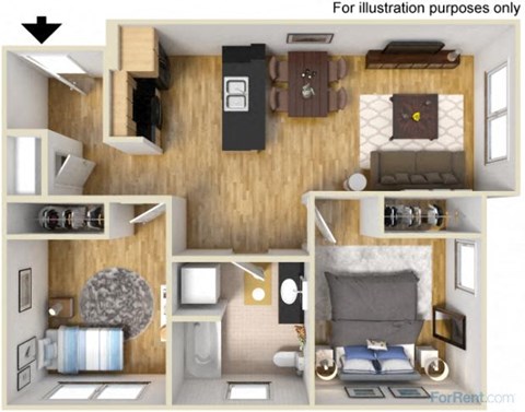 Floor plan for 2 beds, 1 bath, 709 sqft